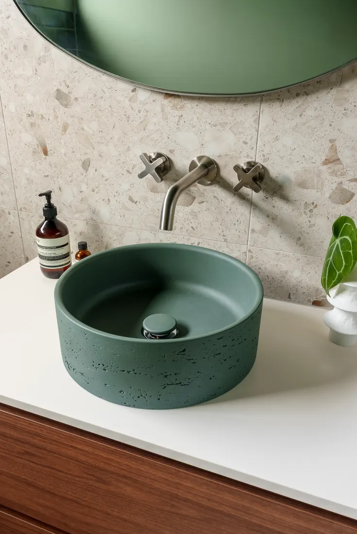Green bathroom vanity with terrazzo and timber joinery by MNA Builds