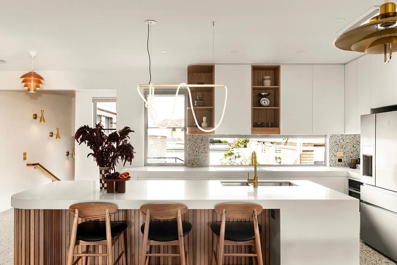 Luxury kitchen renovation with island bench, timber and terrazzo by MNA Builds