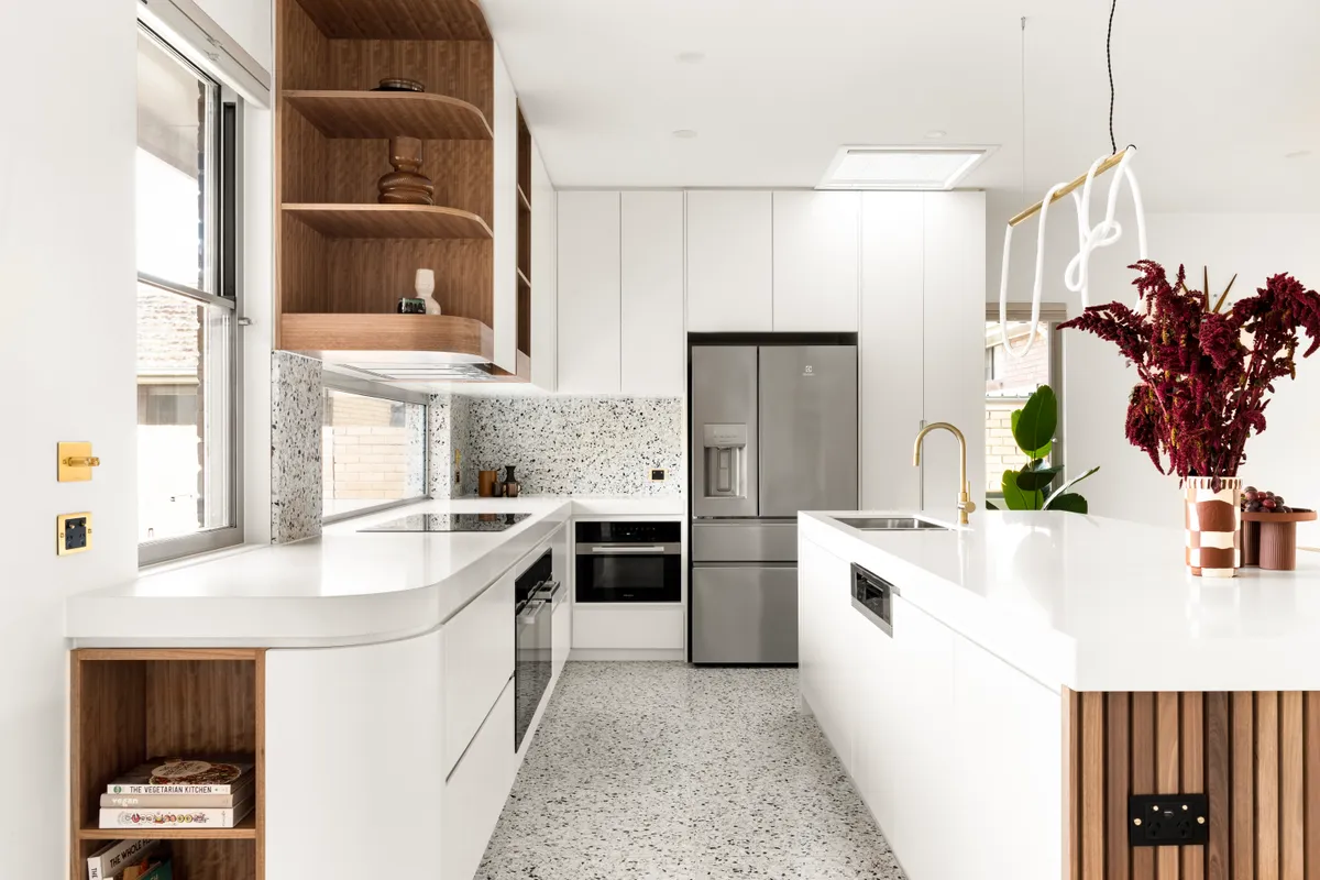 Luxury kitchen renovation with terrazzo and timber by MNA Builds